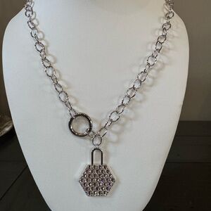 Touchstone Crystal Elegant Silver Chain Necklace with Hexagonal Pendant